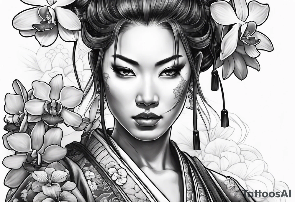 Female samurai with orchids tattoo idea