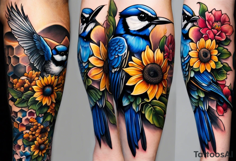 A lower forearm sleeve full colour coming down from a bicep with flowers joined with honeycombs, Mandela flowers, sunflowers, chickadee bird, blue Jay, humming bird, and owl.  Sweet pea and honey suckle flowers. tattoo idea