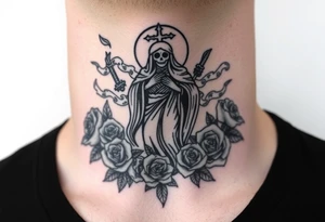 Evil Santa muerte rising out of smoke surrounded by broken roses and rose petals tattoo idea