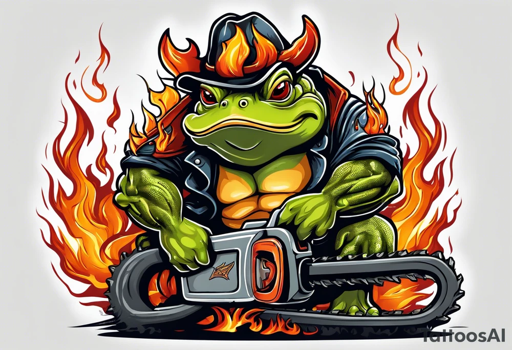 Angry Buff Bull frog holding a chainsaw surrounded by flames (wrist to bicep) with a husqvarna chainsaw tattoo idea