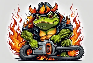 Angry Buff Bull frog holding a chainsaw surrounded by flames (wrist to bicep) with a husqvarna chainsaw tattoo idea