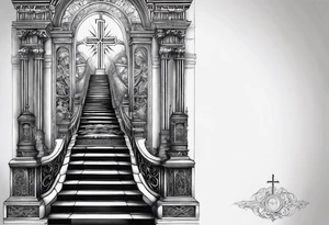 Christian tattoo forearm, stairs to heaven bottom has death and the top has the gates, behind the gates is the cross tattoo idea