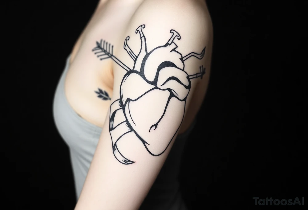 anatomical heart pierced by ornate arrow with flowing ribbons tattoo idea