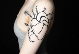 anatomical heart pierced by ornate arrow with flowing ribbons tattoo idea