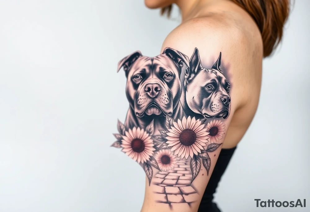 Three very thick muscled up pitbull portraits fading into the background as filler incorporate sunflowers, an old road made from pavers tattoo idea