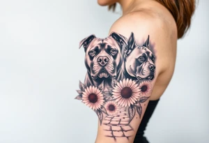 Three very thick muscled up pitbull portraits fading into the background as filler incorporate sunflowers, an old road made from pavers tattoo idea