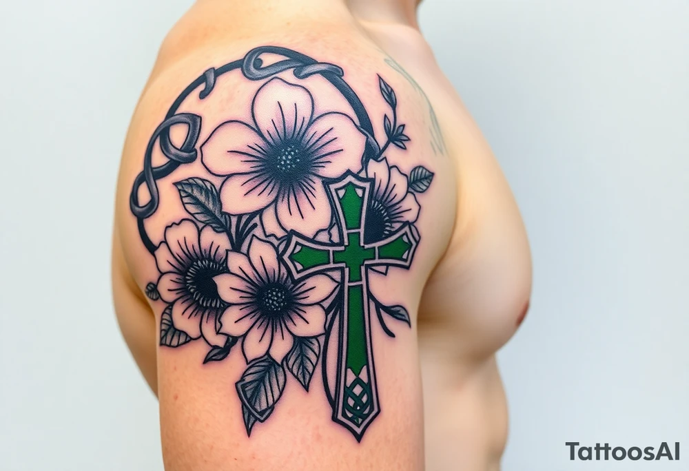 shoulder half sleeve tattoo with black and green celtic knots weaving throughout, bright colorful hibiscus flowers, sunflowers and a celtic cross with green 4 leaf clover tattoo idea
