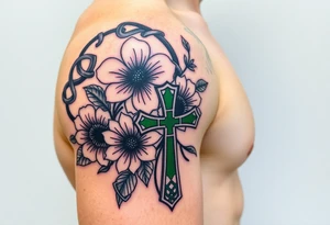 shoulder half sleeve tattoo with black and green celtic knots weaving throughout, bright colorful hibiscus flowers, sunflowers and a celtic cross with green 4 leaf clover tattoo idea