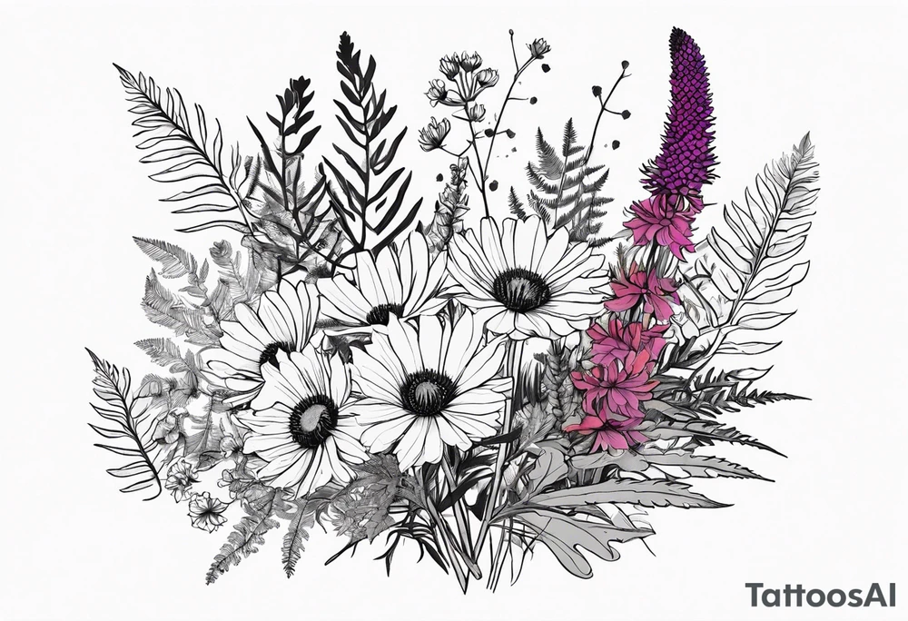 spread out mixed wildflower bouquet with ferns, thistle and with color tattoo idea