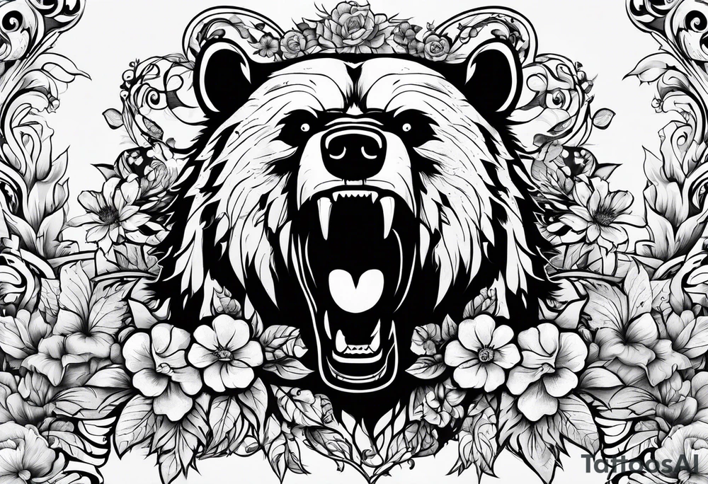 angry bear leaves and flowers, different seasons tattoo idea