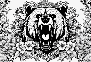 angry bear leaves and flowers, different seasons tattoo idea