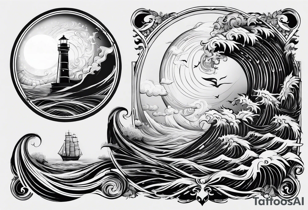 phoenix survolant un voilier. lune. phare marin tattoo idea