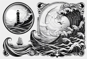 phoenix survolant un voilier. lune. phare marin tattoo idea