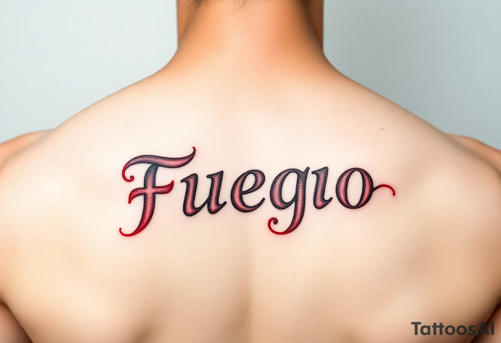 The word Fuego as a small lower back tattoo in red letters tattoo idea
