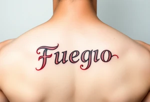 The word Fuego as a small lower back tattoo in red letters tattoo idea