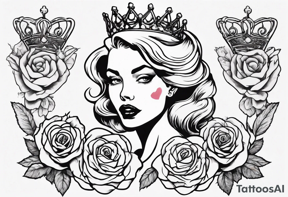 pin-up queen of hearts with a crown and natural lips, immersed in rose flowers tattoo idea