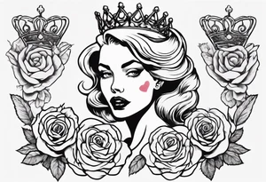 pin-up queen of hearts with a crown and natural lips, immersed in rose flowers tattoo idea