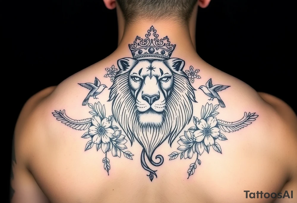 powerful majestic lion with a crown, surrounded by floral ornaments and birds tattoo idea