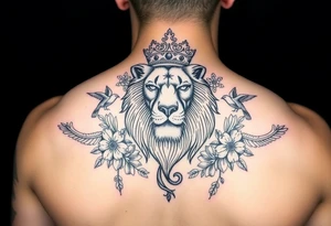powerful majestic lion with a crown, surrounded by floral ornaments and birds tattoo idea