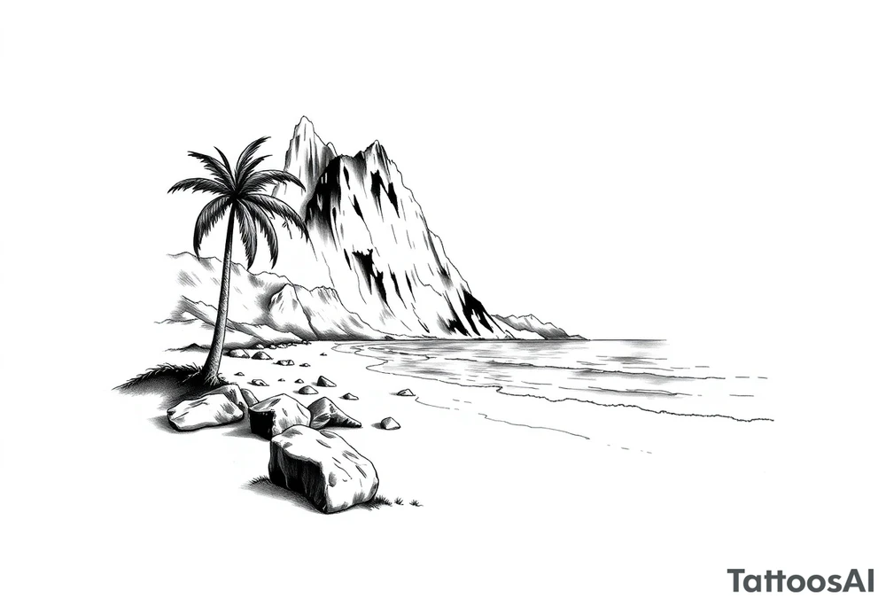 beach with a mountain behind it tattoo idea