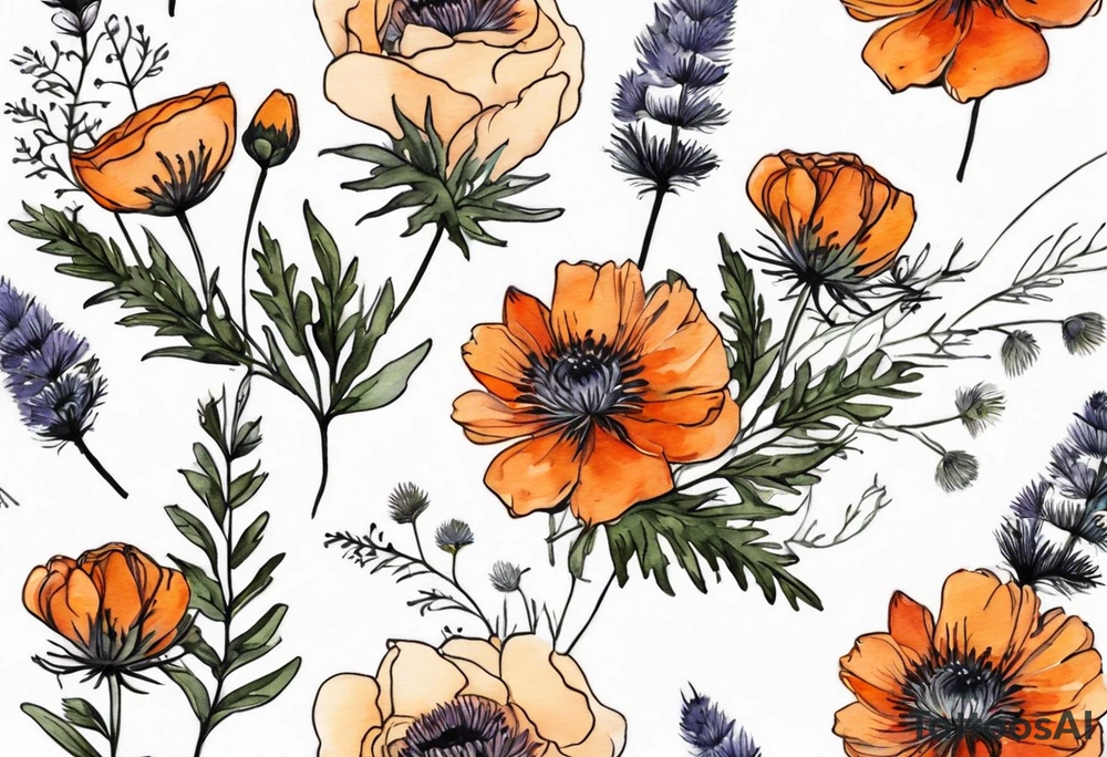 vertical mixed wildflower bouquet with ferns, burnt orange ranunculus, thistle and with watercolor tattoo idea
