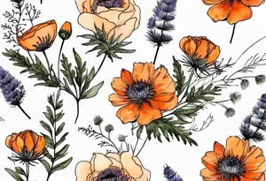 vertical mixed wildflower bouquet with ferns, burnt orange ranunculus, thistle and with watercolor tattoo idea
