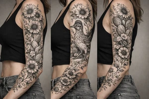 Wildflowers,sunflowers and Indian blanket flowers with vines and cactus with a realistic road runner tattoo idea