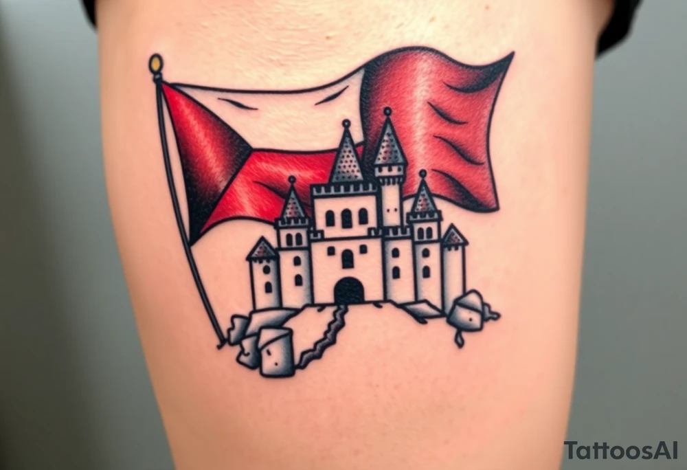 A Czech flag waving behind a medieval castle tattoo idea