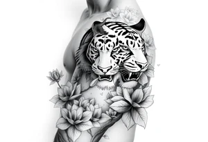 fierce tiger emerging through blooming lotus forrest in mist tattoo idea