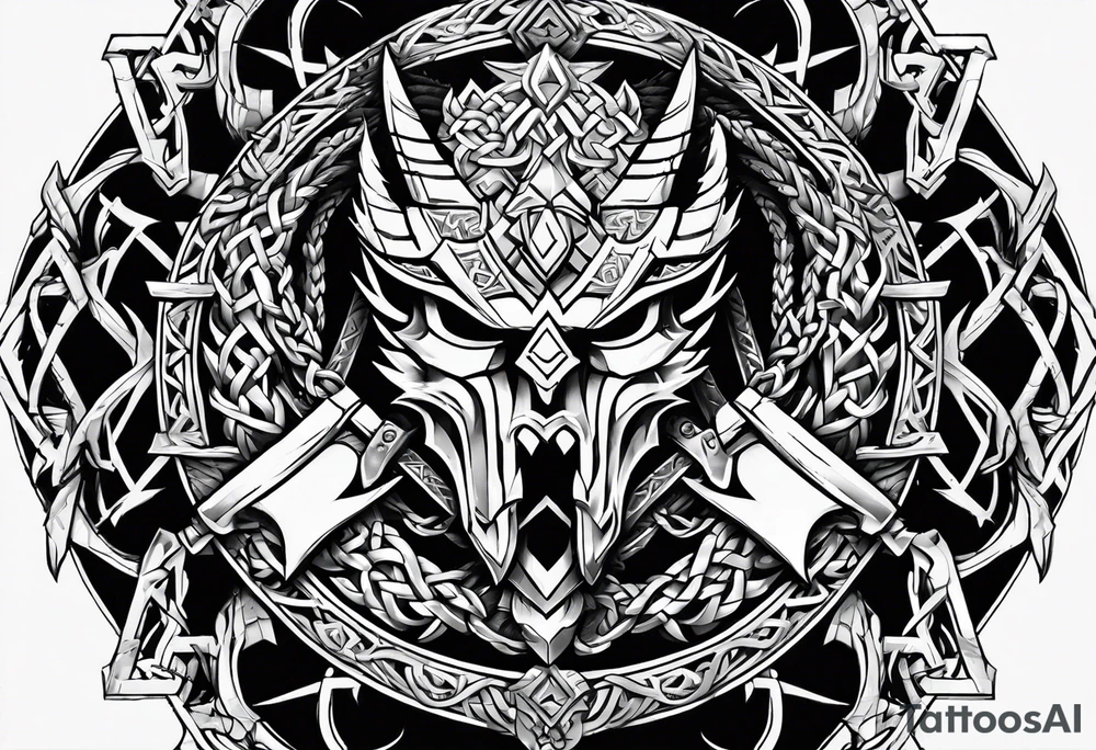 Valhalla sword shield dragon axe Valknut barbed wire chains tribal tattoo idea