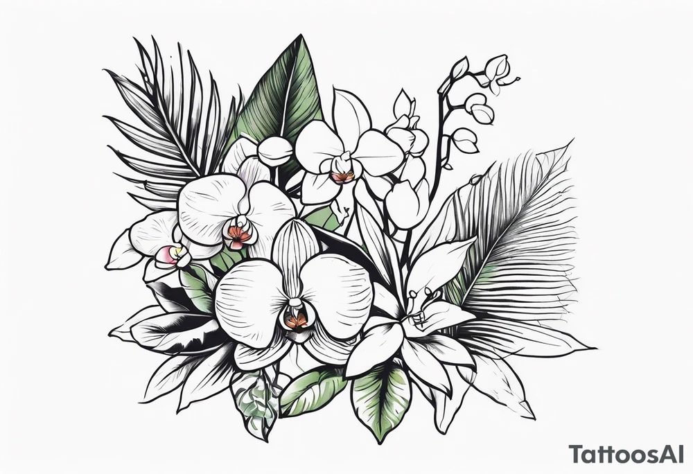 Tropical plants and orchids sleeve tattoo idea