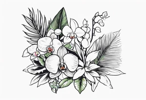 Tropical plants and orchids sleeve tattoo idea