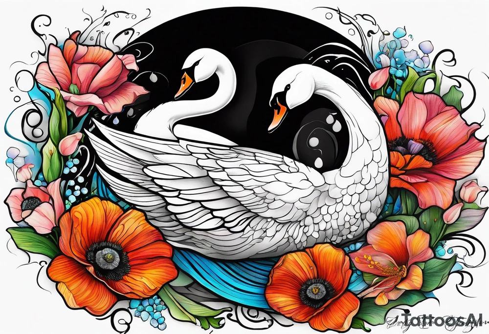 Colorful swan tattoo with poppies, Lily of the valley, sweet pea flower, honeysuckle tattoo idea