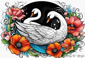 Colorful swan tattoo with poppies, Lily of the valley, sweet pea flower, honeysuckle tattoo idea