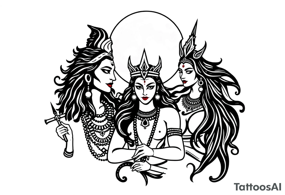 Lord Shiva, Godess Kali, Godess Lilith Together with the moon in the background tattoo idea