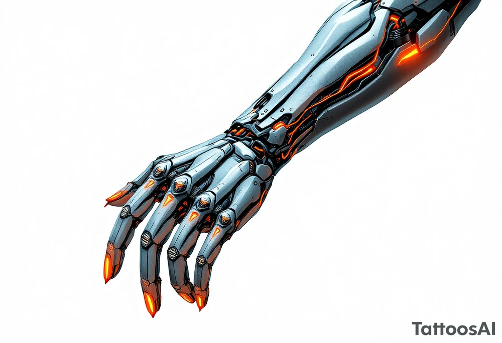 A half-human, half-robot hand in skin-tone fading into steel grey with glowing orange veins. tattoo idea