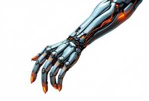 A half-human, half-robot hand in skin-tone fading into steel grey with glowing orange veins. tattoo idea