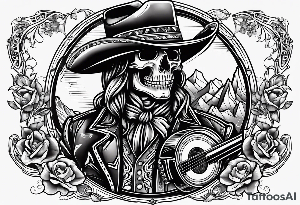 Combintion skeleton cowboy and music tattoo idea