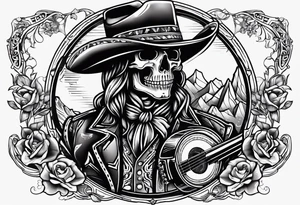 Combintion skeleton cowboy and music tattoo idea