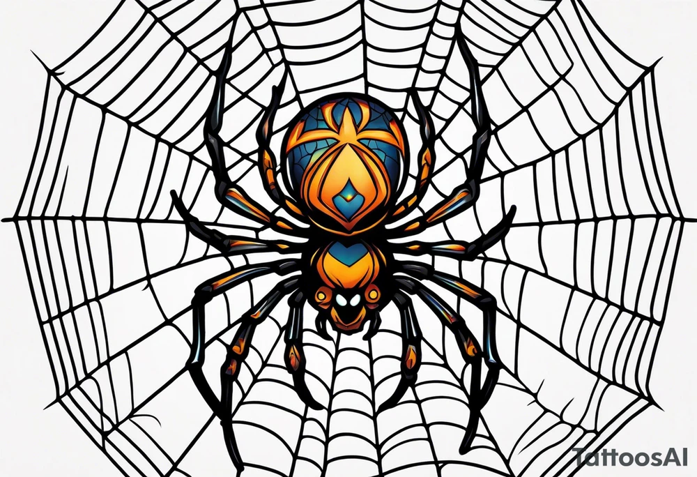 Spider on spider web. No color. American traditional style tattoo idea