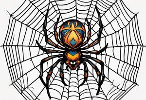 Spider on spider web. No color. American traditional style tattoo idea
