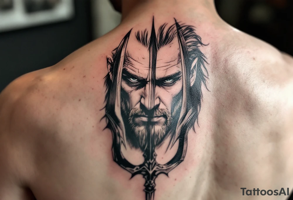 close-up man behind a trident tattoo idea