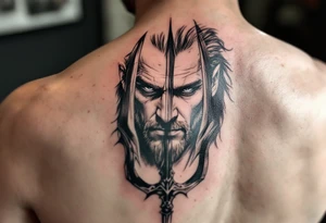 close-up man behind a trident tattoo idea