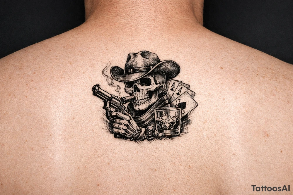 skull with cowboy-hat, cigar in his mouth, a gun in a hand, playing cards, whiskey-glass. tattoo idea