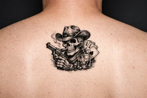 skull with cowboy-hat, cigar in his mouth, a gun in a hand, playing cards, whiskey-glass. tattoo idea