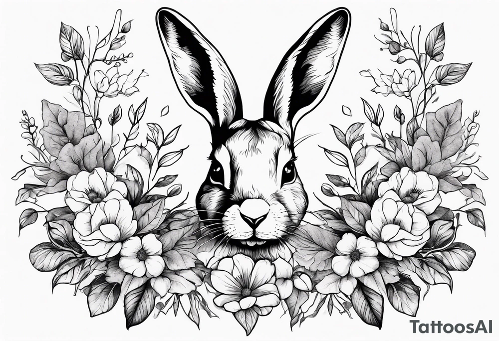 Realistic rabbit head in the middle of realistic flowers and leaves tattoo idea