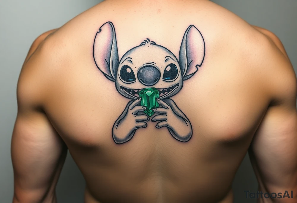 Stitch holding emerald birthstone tattoo idea