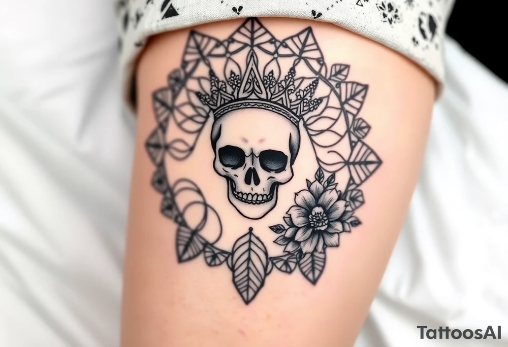 Mandala dream catcher lace with delicate skull and flowers wearing elegant crown tattoo idea