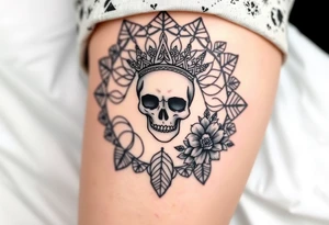Mandala dream catcher lace with delicate skull and flowers wearing elegant crown tattoo idea