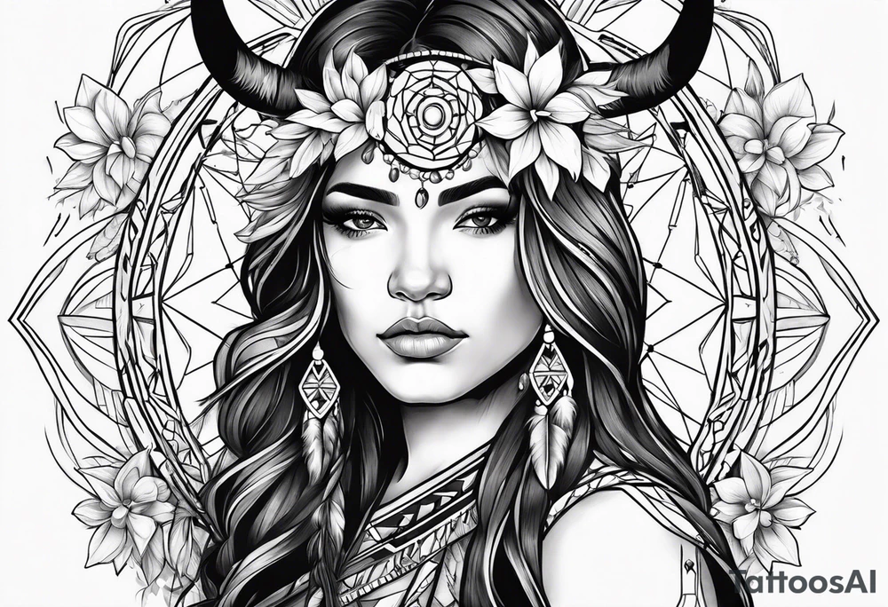 Native american girl, Taurus, flowers, dream catcher tattoo idea